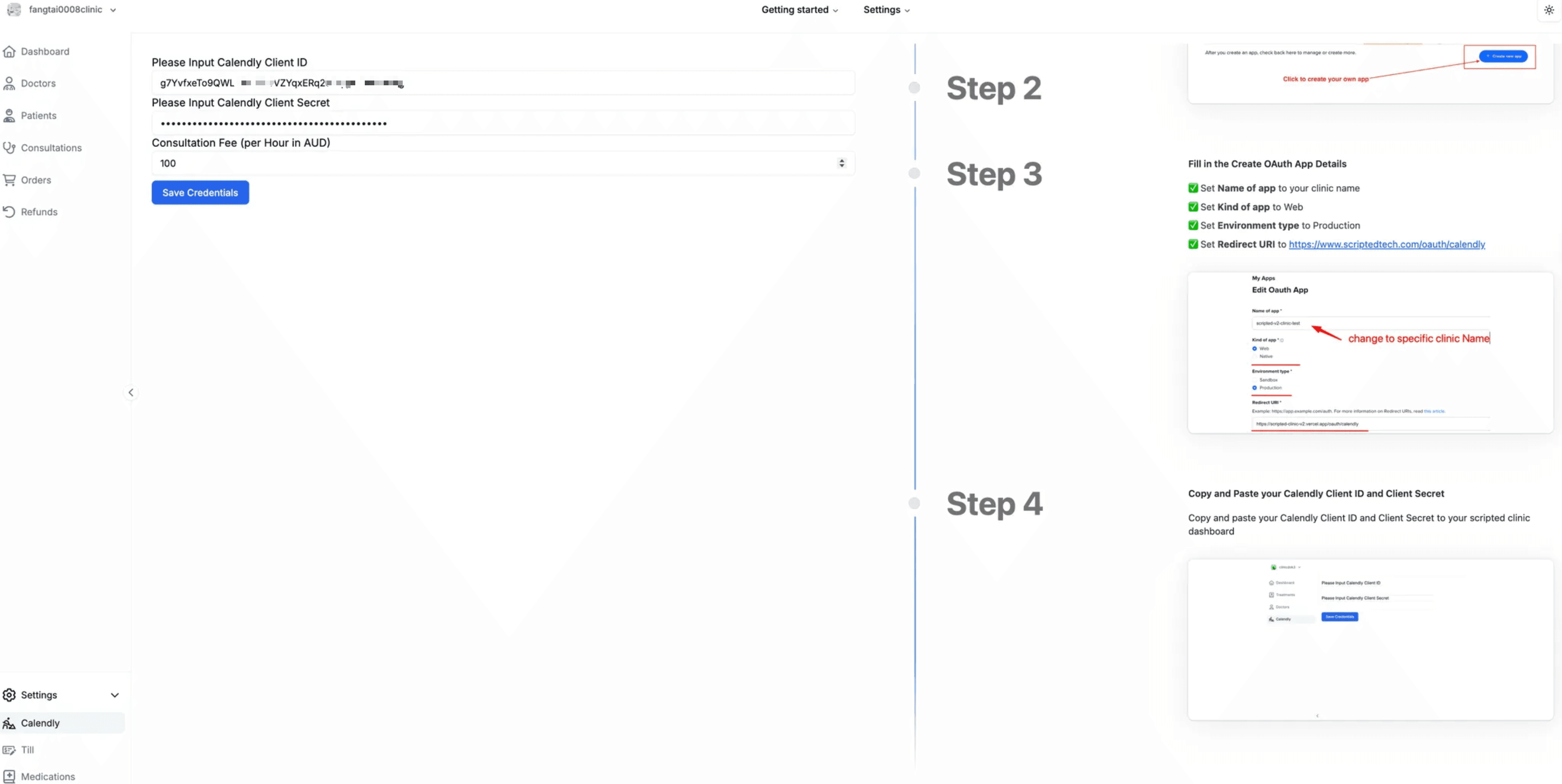 Calendly Credentials in Dashboard